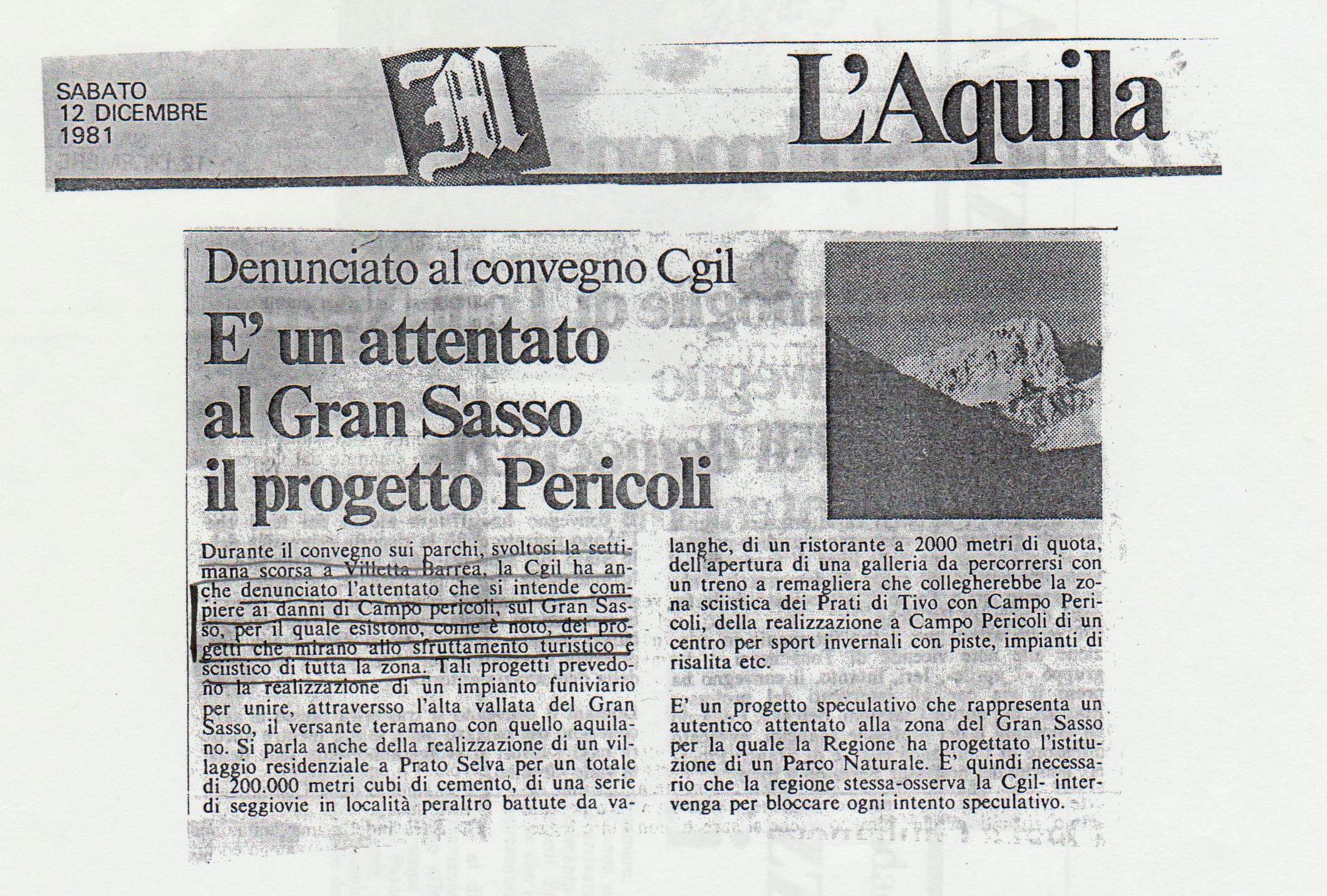 1981.12.12. Messaggero. Gran Sasso. Cgil per Campo Pericoli